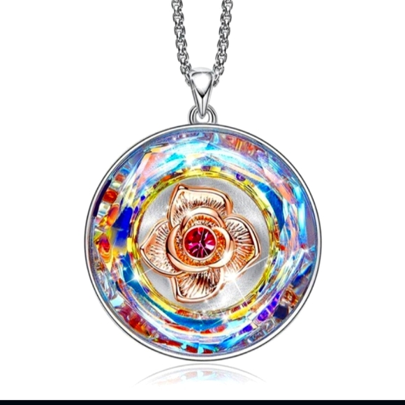 Austrian Crystal Rainbow Engraved Disc Pendant 18k WhiteGold Necklace - Picture 2 of 14